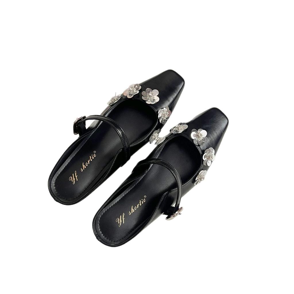 Damskor med inre höjdökning strass + paljettblomma väskhuvud halvsläp damsandaler 2025 vår nya high-end enbands