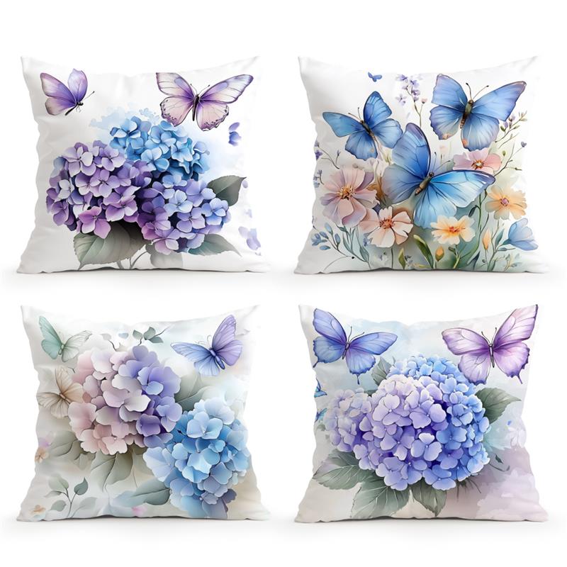 Home Decor Butterflies & Hydrangeas Floral-Printed Pillow Covers Pattern Cushion Cover Suitable for Sofa Bedroom Car Pillow
