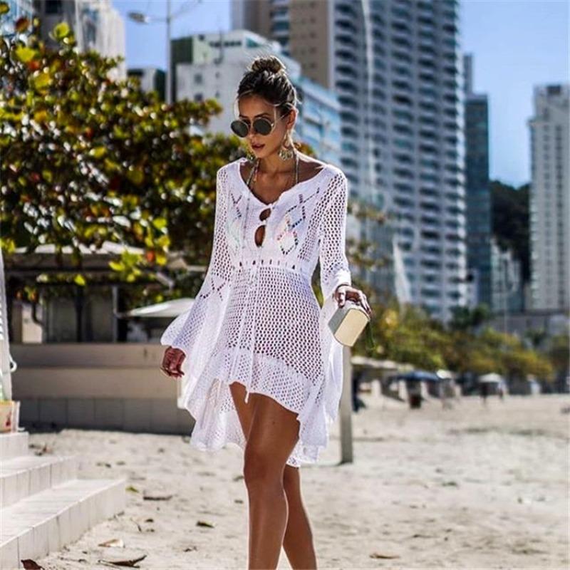 White Hollow Knitted Cover Shirt Flared Sleeves See Through Knitwear Women's Pullover Thin Long Sweater Lace-up Jersey Dress Sexy Swimsuit Blouses