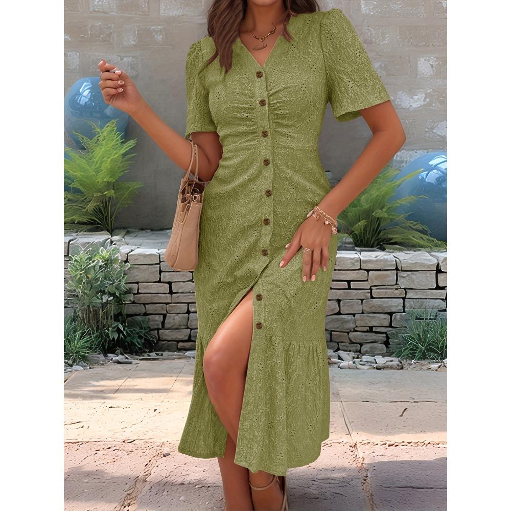 Women's Eyelet Embroidery V Neck Maxi Dress Short Sleeve Ruched Button Front Mermaid Hem Casual Dress
