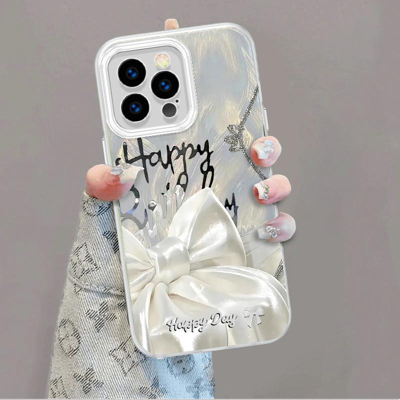 Upgraded Glitter Silver Case Happy Birthday Bowknot Printed Protective Shell Shockproof Full Back Cover for iPhone Samsung