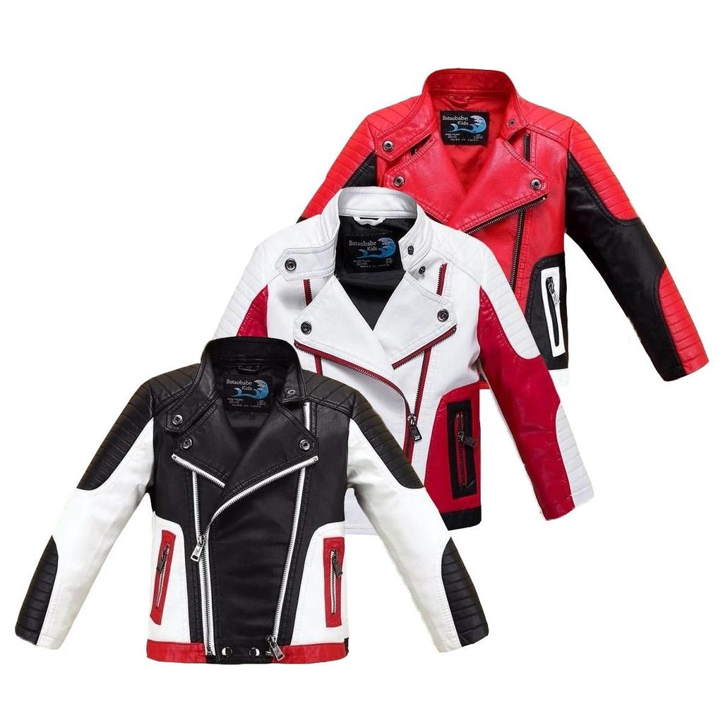 Handsome Cool Design Boys Artificial Leather Motor Jacket for Autumn Spring Kids Warm Coat Bomber Baby Toddler Winter Clothes 2-12 Years