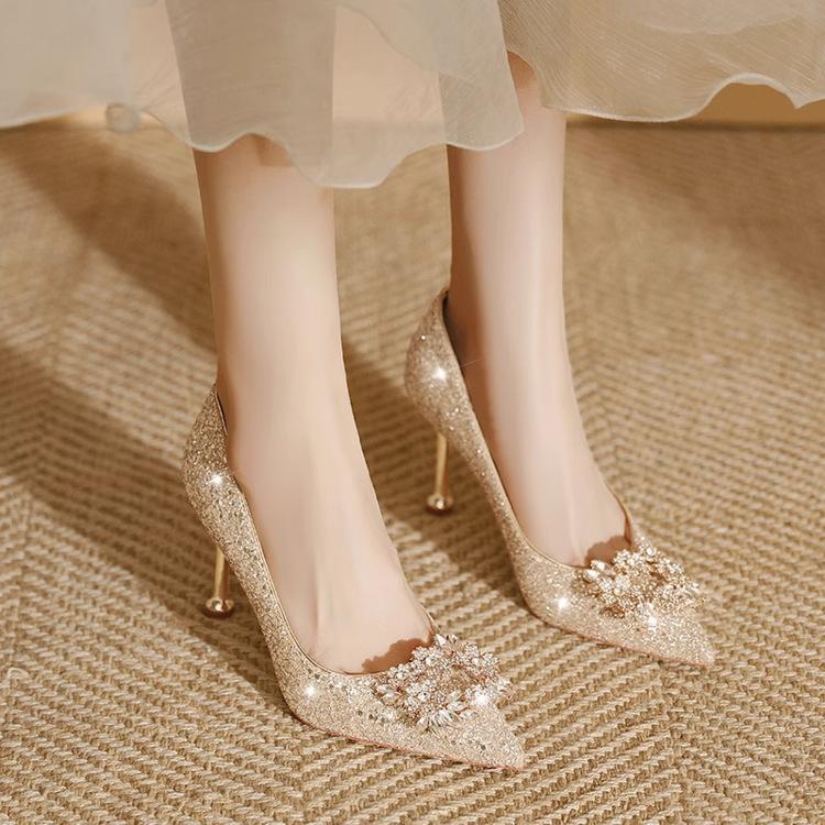 Mode Damen Schuhe Hohe Absätze Frühling Damen Pumps Pailletten Spitze Zehen Sexy Damen Hochzeitsparty Schleife Stilettoabsätze Schuhe für Damen