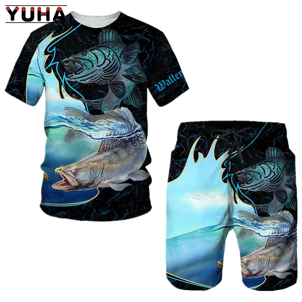 YUHA Angeln Custom 3D Gedruckt Herren Unisex Cool Sommer T-Shirts Kurzarm Freizeit T-Shirts Heiß Zweiteilig