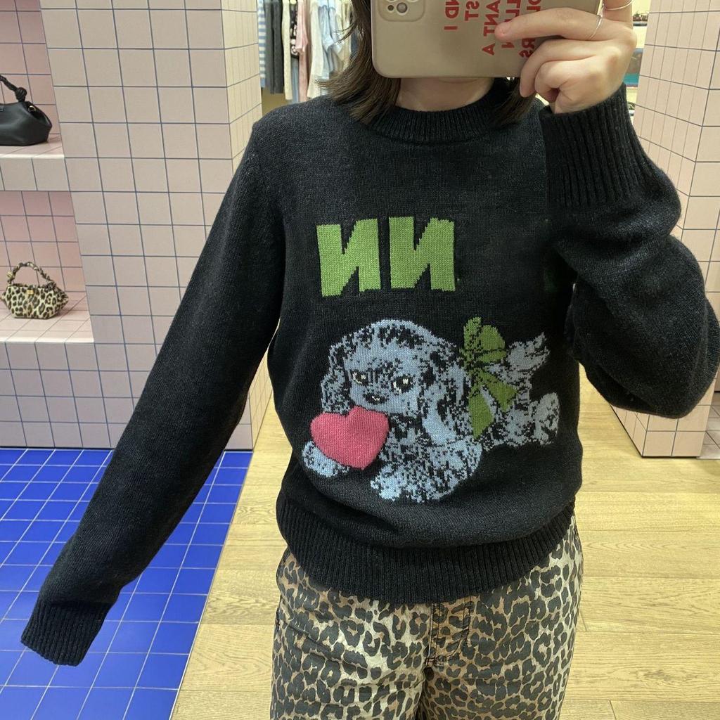 Women's Wool Blend Heart Happy Dog Pattern Sweater - Round Neck Pullover, 2026 New Style