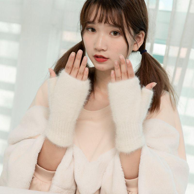 Stylish Womens Knit Faux Cashmere Winter Gloves Thick Warm Half Finger Comfort