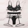 New Women Sexy Lace Bra Bandage Thong Garter Sleepwear Black Lingerie Set S-XL