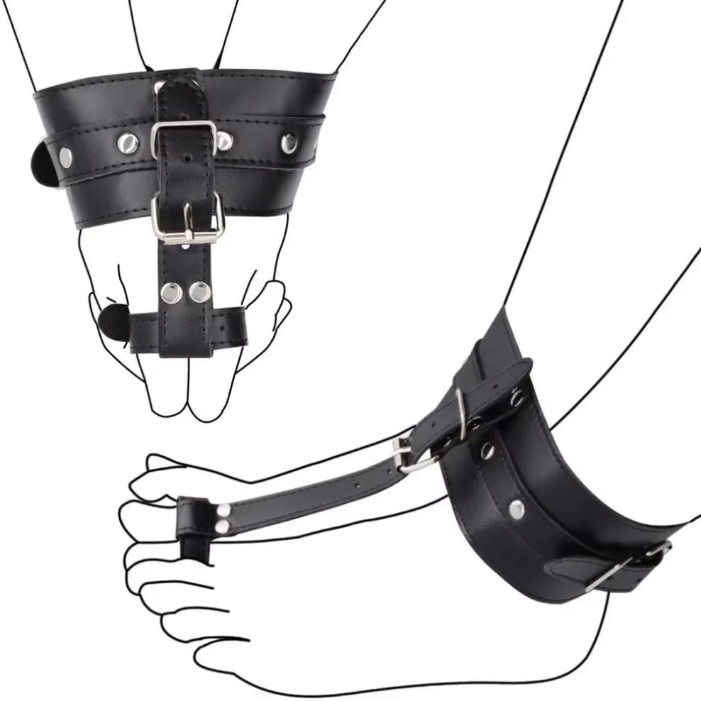 SM Slave Handcuffs Sex Fetish Bondage BDSM Toe Cuffs  Leather Thumb Toes Bondage Cuff Adult Restraint Game Sex Toy 18+ Supplies