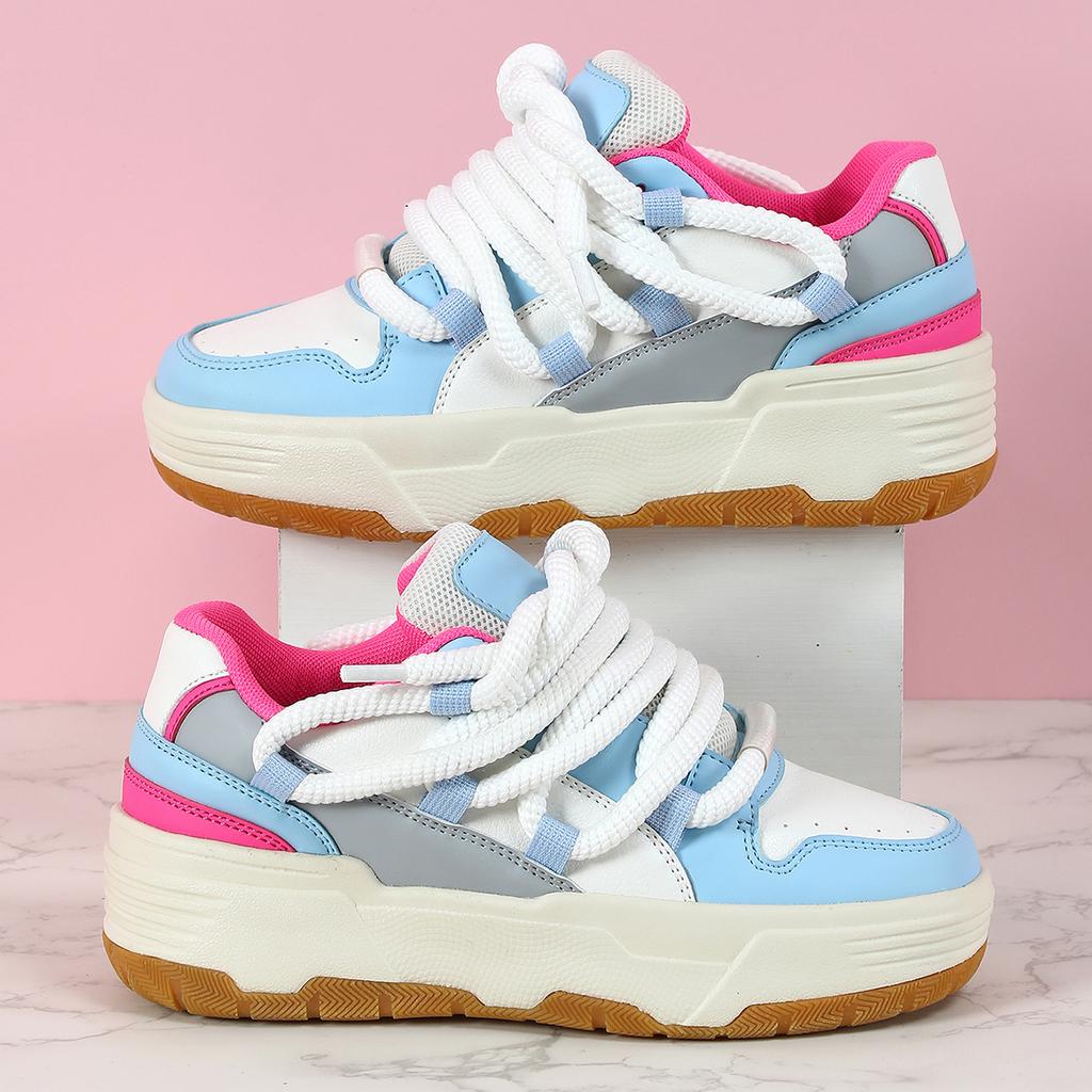 Fashion Platform Sneakers Women Chunky Shoes PU Leather Casual Shoes Ins Board Shoes Lace-up Outdoor Walking Footwear