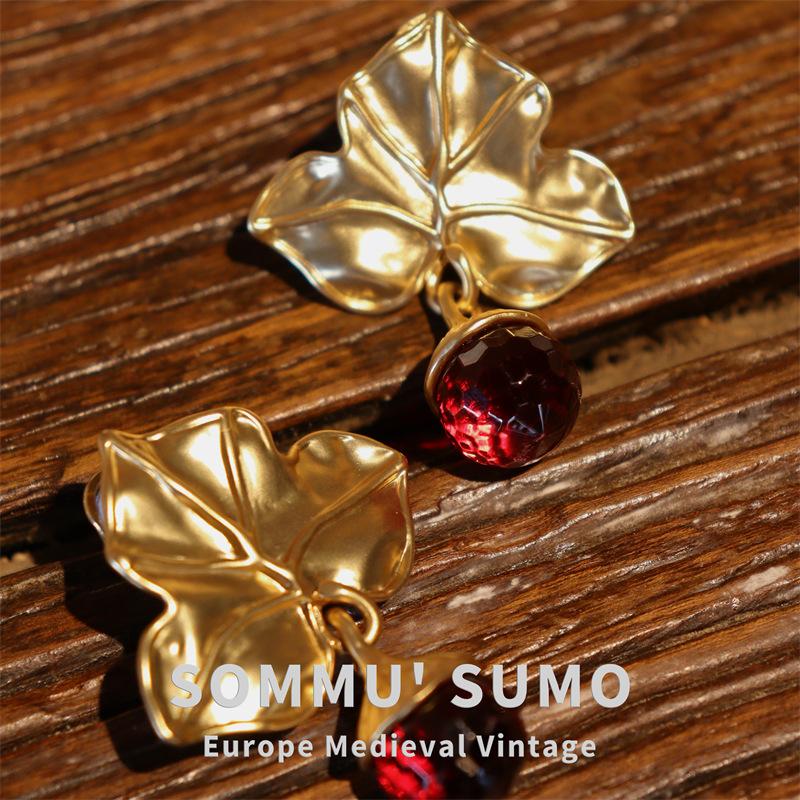 Fanling luxury earrings medieval vintage burgundy glass pendant leaf leaf earrings copper-plated gold