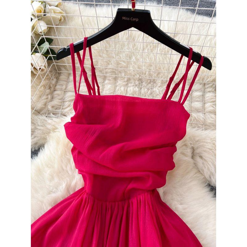 Pleated Summer Stylish Waist Trimming Spaghetti Straps Dress