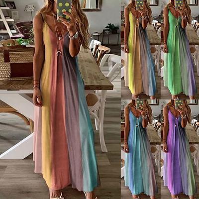 Women's Ladies Plus Size Loose Stripe Sleeveless V-Collar Long Dress Maxi Dress