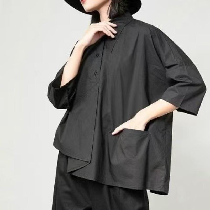 

YYFS женские модные повседневные летние весенние однотонные принты с рукавами 3/4 и воротником-поло блузки и рубашки M чёрный