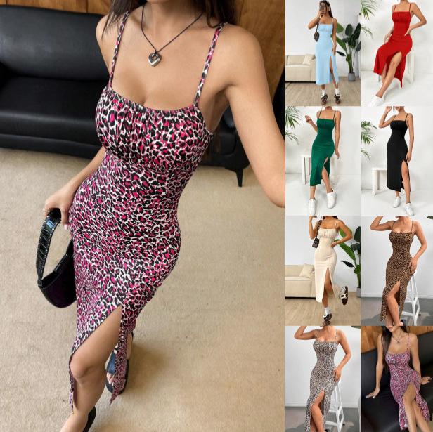 Summer suspender dress women's suspender tube top tight high split solid color leopard print hip skirt
