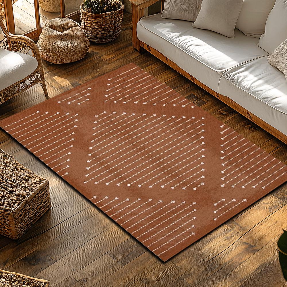 Orange Geometric Bohemian Rug, White Line Pattern Non-Slip Carpet, Modern Living Room Mat for Cozy Home Decor