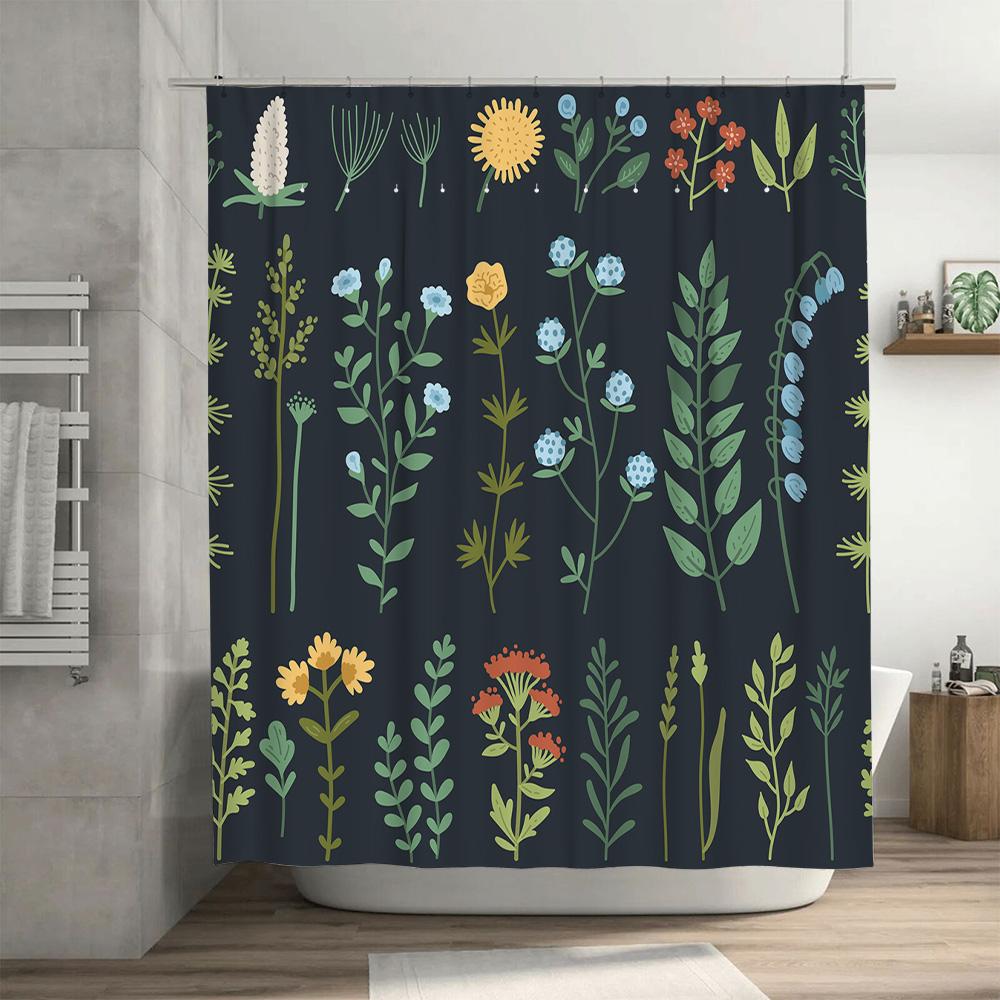 Waterproof Fabric Shower Curtain With Floral Design For Bathroom Decoration Dark Green Background, Multicolor Flowers Size Custo