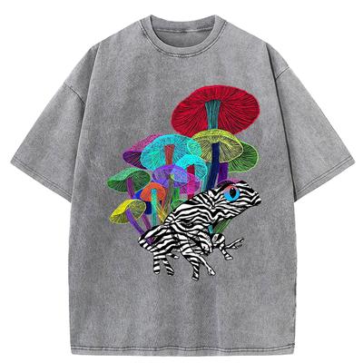 Neon Style Frog With Mushrooms Print Women Washed T-Shirt Loose O-Neck T Shirts Cotton Clothes Vintage Short Sleeves