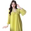 Ling Lei Chunqiu Solid Color V-Neck Lace Bow Mesh Court Princess Style Medium Long Pajamas Pajamas Homewear