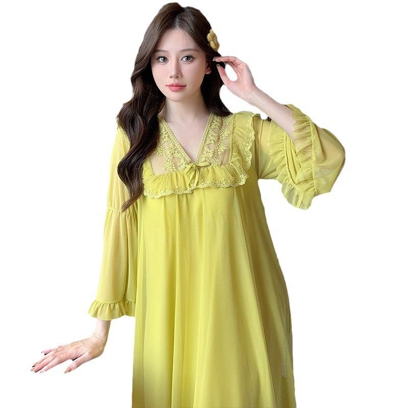 Ling Lei Chunqiu Solid Color V-Neck Lace Bow Mesh Court Princess Style Medium Long Pajamas Pajamas Homewear