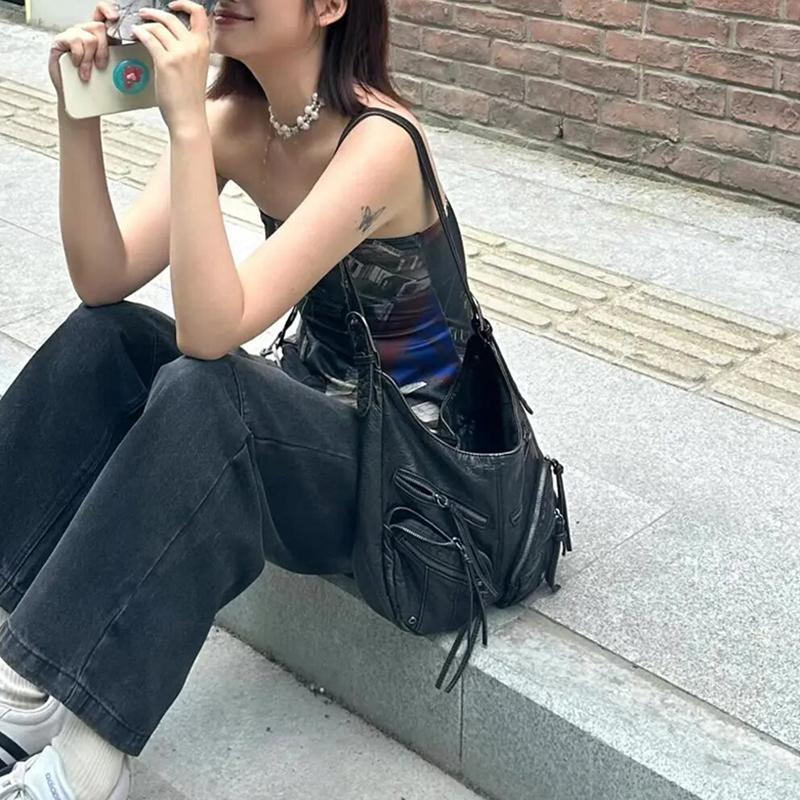 Vintage Large Capacity Soft Leather Black Motorcycle Bag Women's Simple Design Versatile Single Shoulder Crossbody Bag KTY