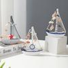 Mini Sailboat Model Nautical Resin Sailing Boat Decoration with Shell Starfish Rustic Vintage Beach Ocean Theme Ship Ornament for Home Office Bedroom