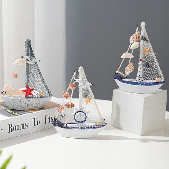 Mini Sailboat Model Nautical Resin Sailing Boat Decoration with Shell Starfish Rustic Vintage Beach Ocean Theme Ship Ornament for Home Office Bedroom