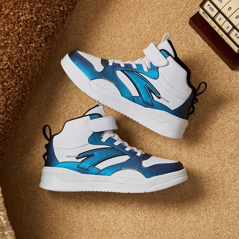 Anta Kids Synthetic Leather Fashion Versatile Shock Absorbing Lightweight High-Top Sneakers Kids Sneakers White Blue A12438002-4