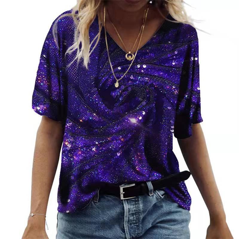 Damski T-shirt z krótkim rękawem i dekoltem V Luźny T-shirt Miejski Casual Nadruk 3D Damska Podstawa