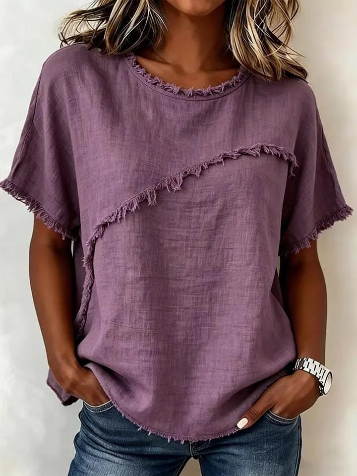 Women Loose Fit Short Sleeve Round Neck T-shirt with Distressed Raw Edge Seam Multi Colors