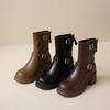 Fashion All Leather 7Cm Thick Heel Short Boots for Women's Shoes Autumn/winter New Double Buckle Decoration Breathable Slim Botas Mujer