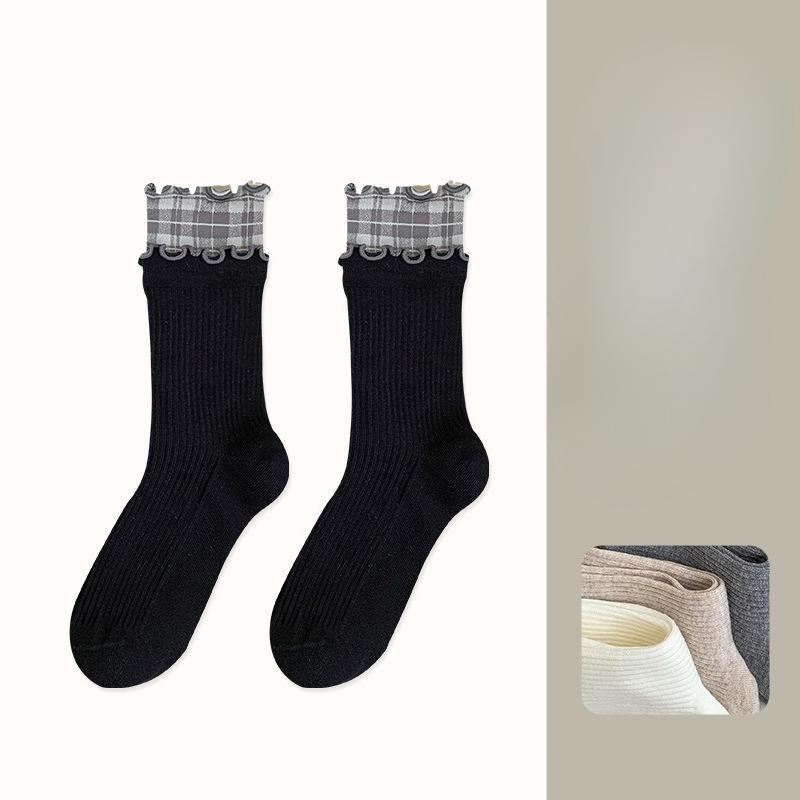 Autumn and Winter Women's Mid-calf Socks, Black Ear Edge Socks, Trendy and Casual Checkered Patchwork Boneless Cotton Socks