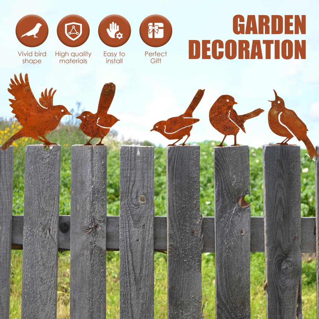 5Pcs Garden Rusty Bird Ornaments Metal Birds Statues Art Set Silhouettes Metal Bird Yard Decorations for Outdoor Fences Branches