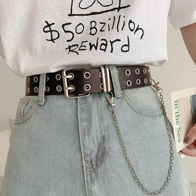 Women Punk Chain Fashion Belt Adjustable Double/Single Row Hole Eyelet Waistband with Eyelet Chain Decorative Belts