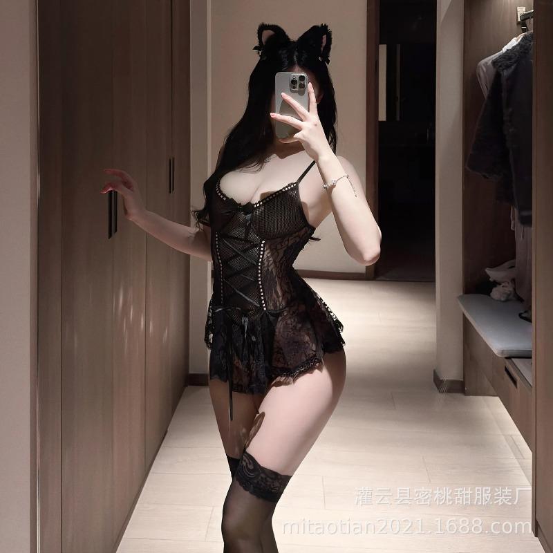 Sexy lingerie sexy halter suspender pussy cosplay transparent small mesh black onesie uniform