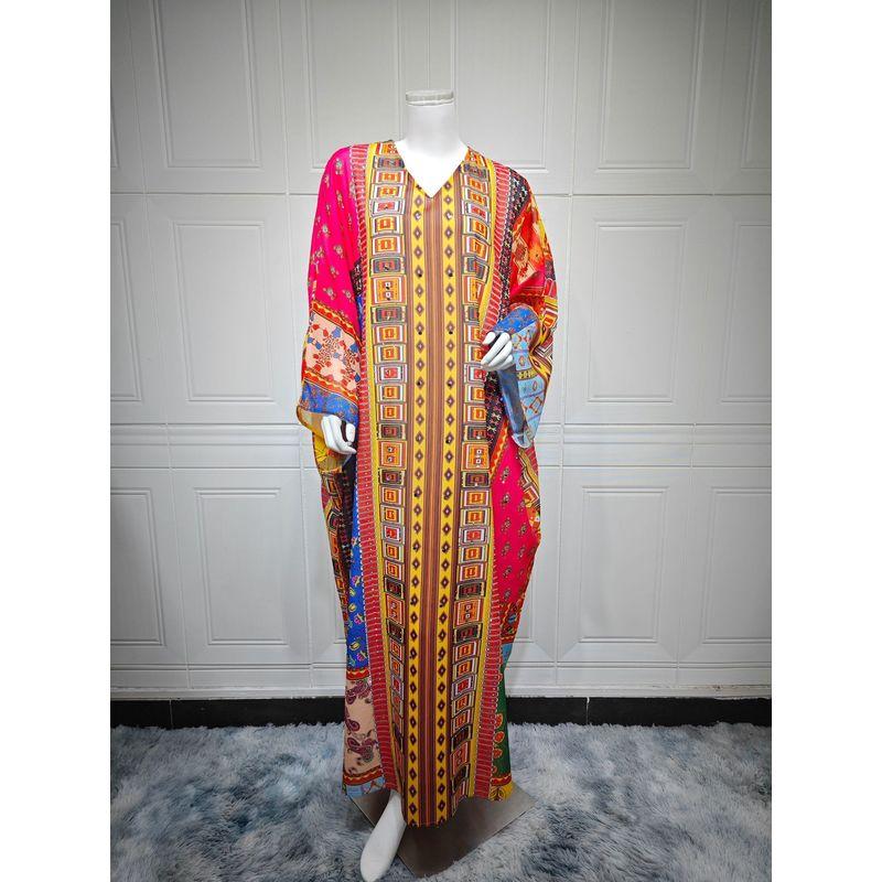 

Middle East Dubai Spring and Summer New Print Hot Drilling Heavy Industry Robe Color Matching Batwing Sleeve Loose Dress Dress Color Free size