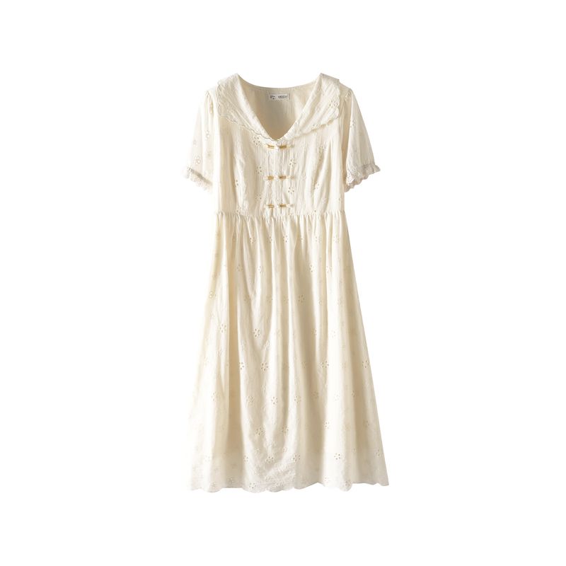 Plus size women clothing [French style Beautiful Long dress] Doll Collar Hollow Embroidered 100.00kg Slimming Buckle Full Body Dress