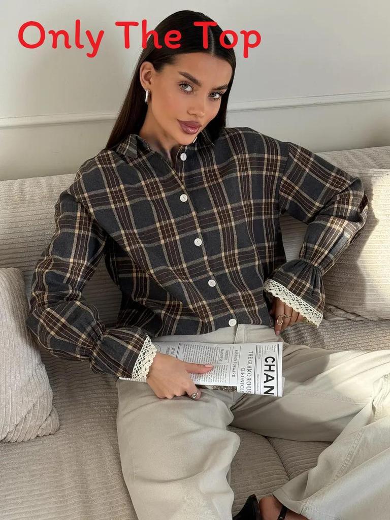 Casual Cotton Polyester Plaid Shacket With Long Sleeves For Spring Wear