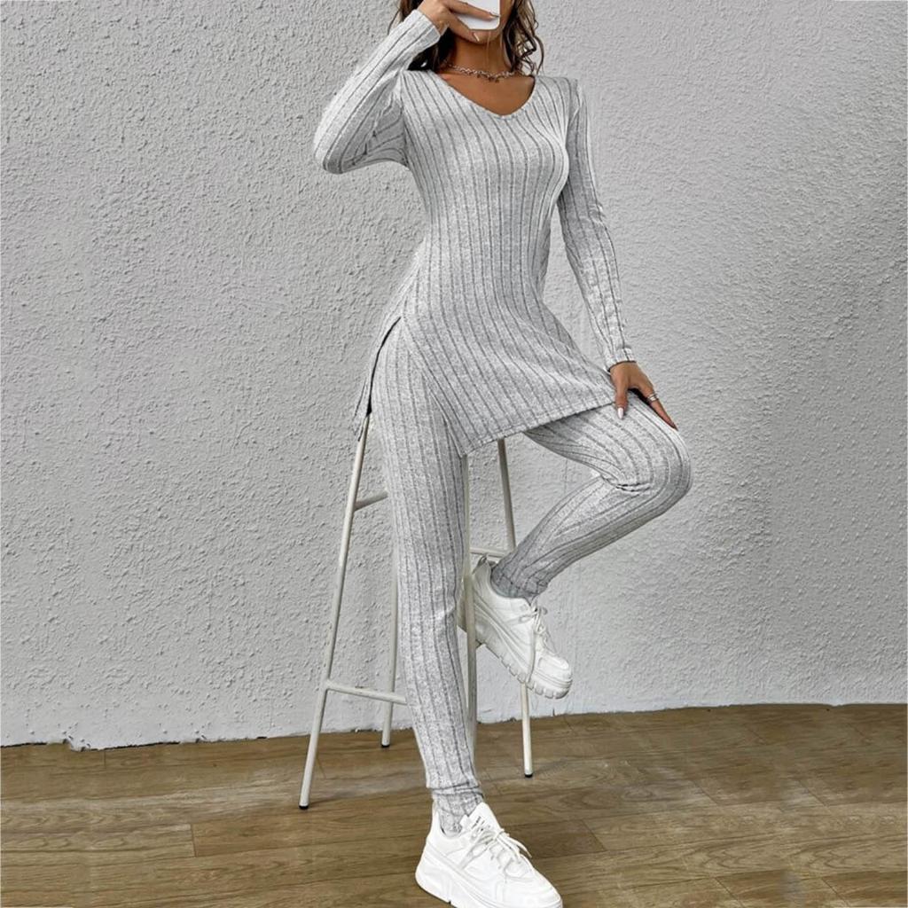 Women's Slim Two-Piece Outfit Long Sleeve Knit Top Elastic Waist Flared Pants Casual Tracksuit