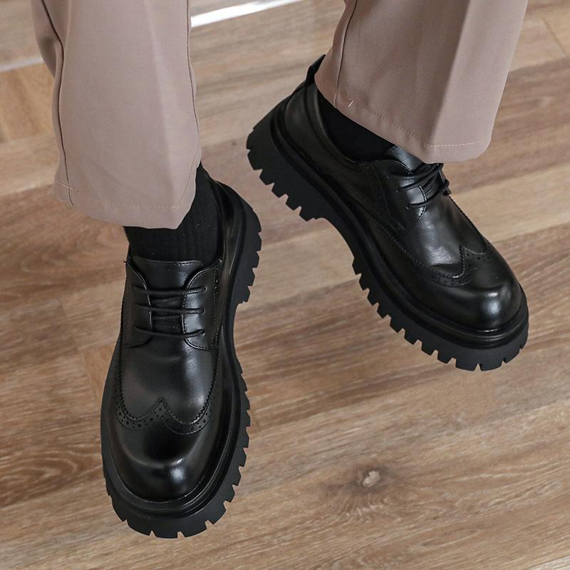 Big Head Leather Shoes Men's Platform Heightening British Black Derby Business Dress Brock Round Head Wedding Groom Shoes