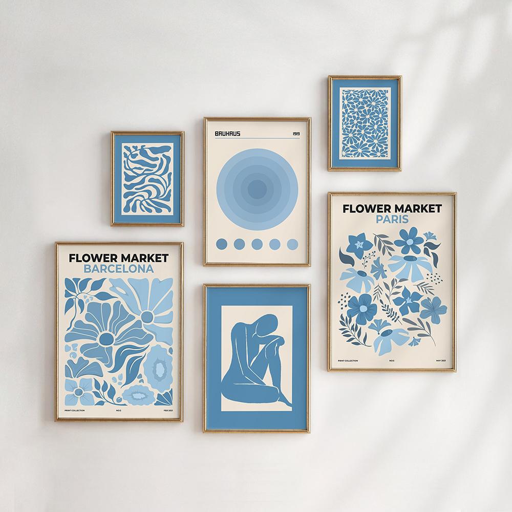 Blue Gallery Wall Art Set Print Blue Flower Market Poster Abstract Canvas Painting Poster Print Pictures For Living Room Decor