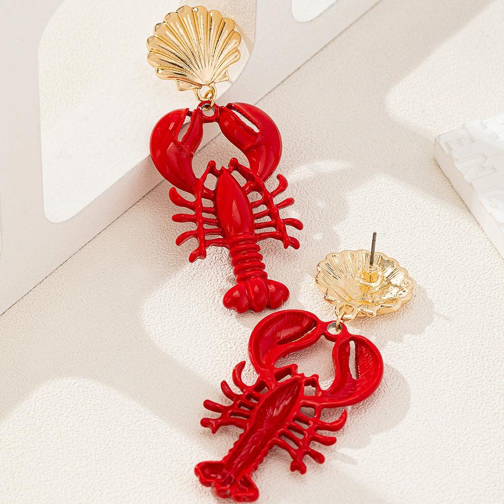 New Fashion Red Bake Paint Lobster Metal Shell Earrings For Women Exaggerated Trend Jewelry Accessories