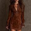 In-Stock 2025 Long-Sleeve Lace-Trimmed Slim Fit Midi Dress for Women