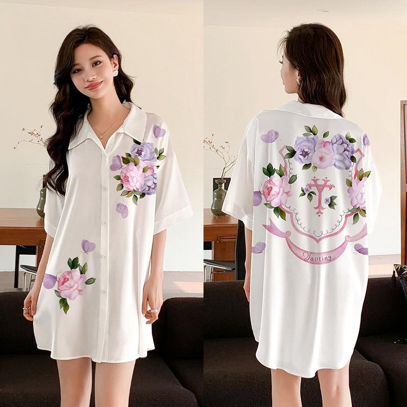 Ropa de Dormir Cómoda de Verano para Mujer Botones Delanteros Seda de Hielo Ropa para el Hogar Suelta Casual Estampada para Descansar
