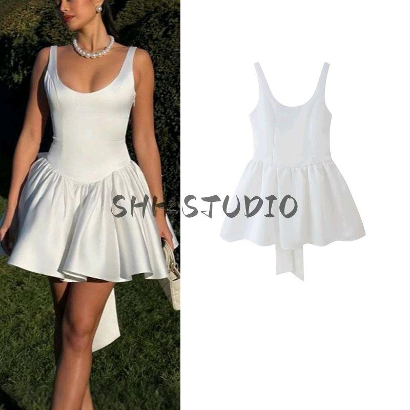 Spring New Women's Clothing Vacation Style U-Collar Open Back Bowknot Decoration Sleeveless Short A- Type Sling Dress