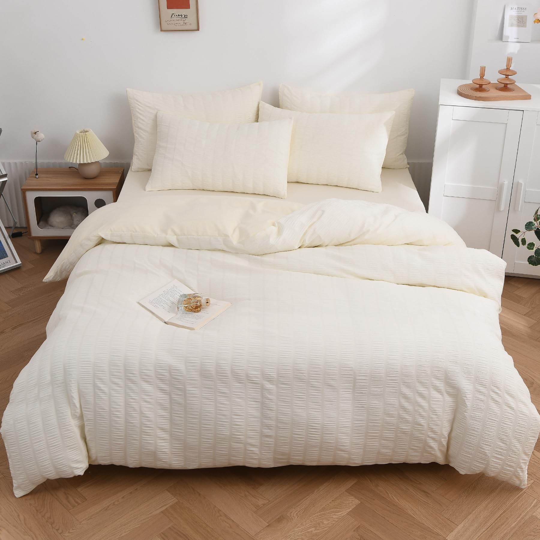

HOSUR Seersucker Bedding Set Peach Skin Includes Duvet Fitted and Soft and and (4-Piece Set, Cream, Semi-Double, Finish) - Cover, Sheet, Pillowcases.