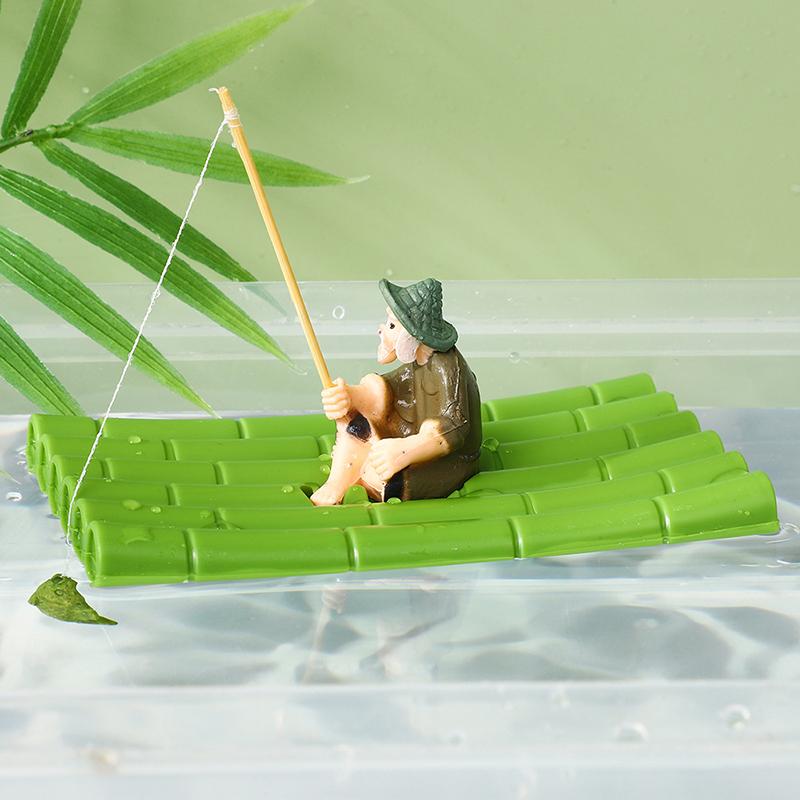 Floating Aquarium Decor Miniature Garden Decor Old Man Fishing Floating Raft Design Fish Tank Landscape Decoration