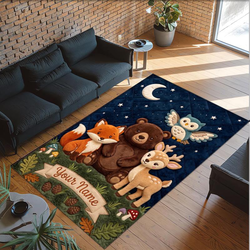 Forest Theme Crystal Velvet Floor Rug Personalized Custom Name Text Warm Carpet Home Decoration
