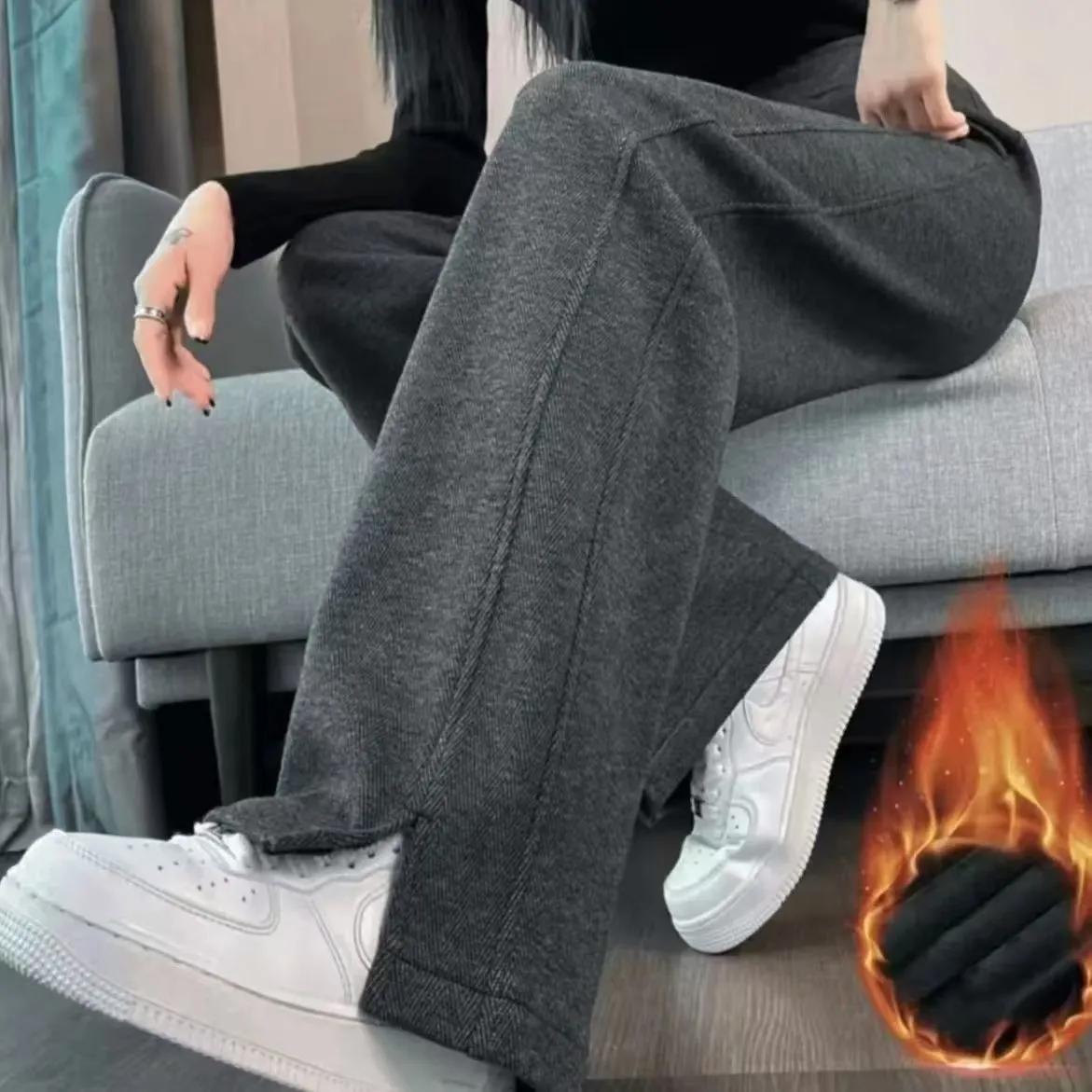 

Женские брюки с высокой посадкой, на флисовой подкладке, с широкими штанинами, осенне-зимние, утепленные, с разрезом, приталенного кроя, шерстяные, прямого кроя XXXXL черный серый