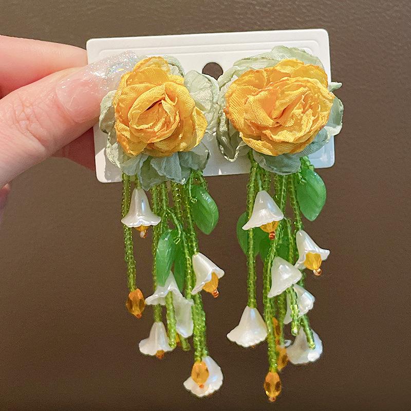 Silver Needle Sweet Flower Butterfly Pearl Tassel Earrings Trend Stud Earrings Temperament Earrings Women