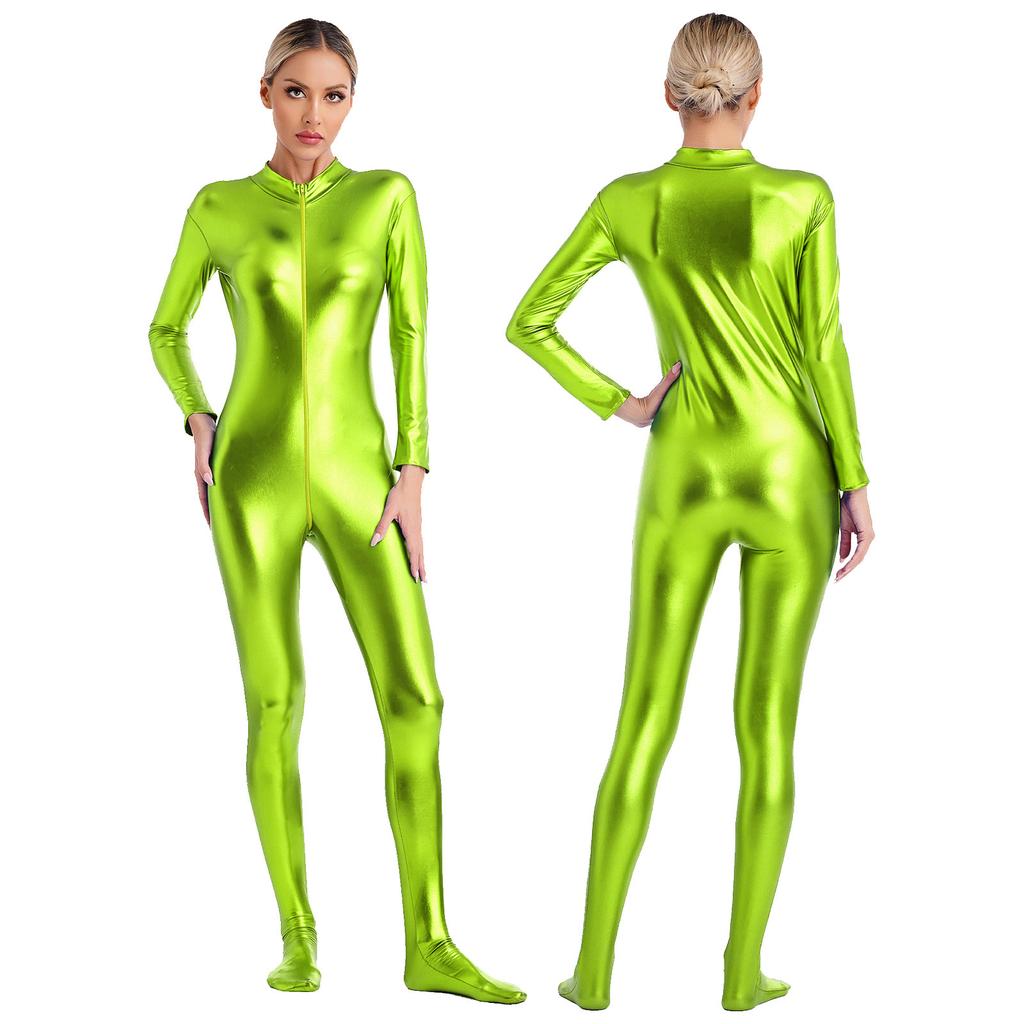 Womens Metallic Shiny Zentai Jumpsuit Mock Neck Long Sleeve Front Zipper Full Body Unitard Tights for Dance Performance